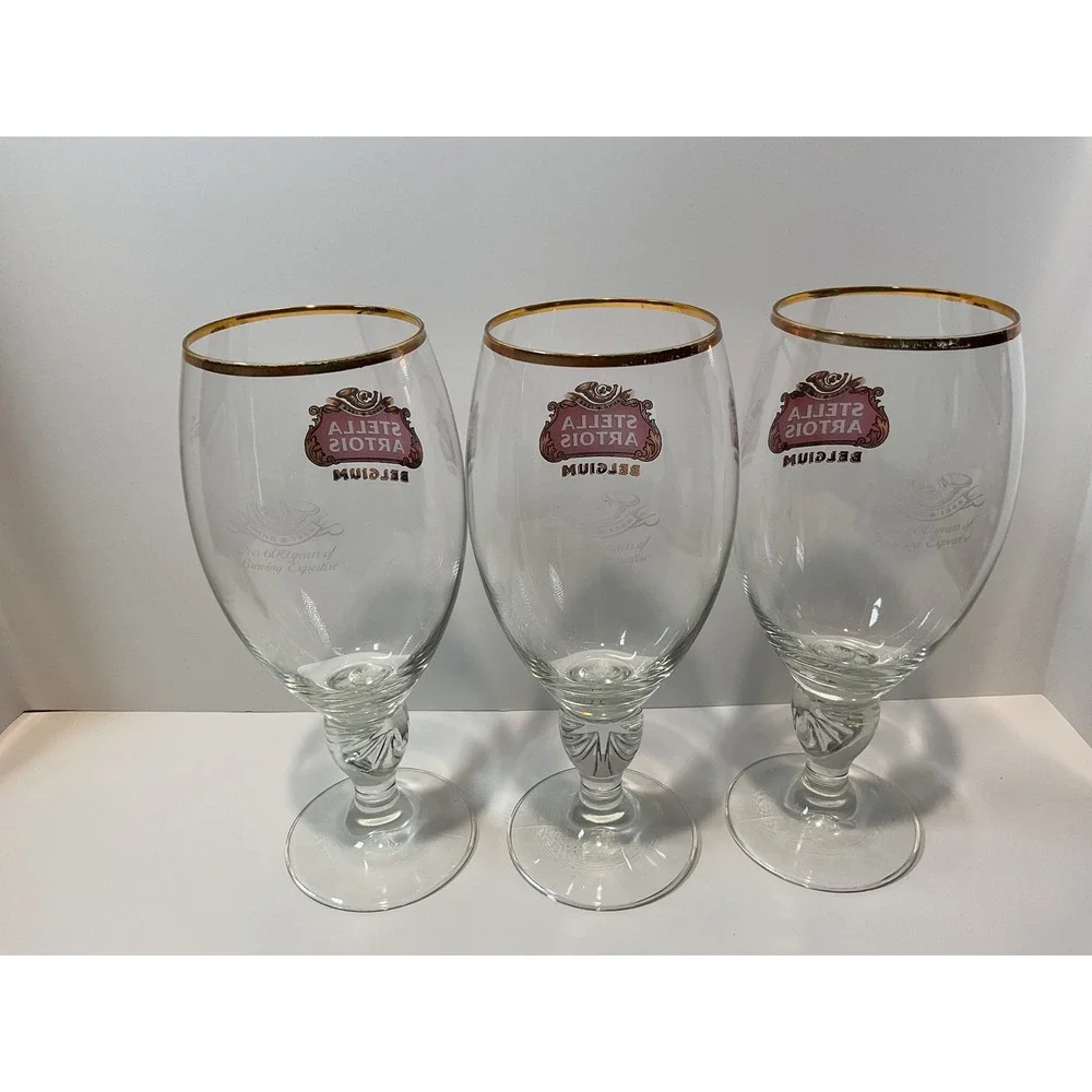 Set of 3 Stella Artois Belgium Beer Glasses Gold Rimmed Chalice Stemware 50cl